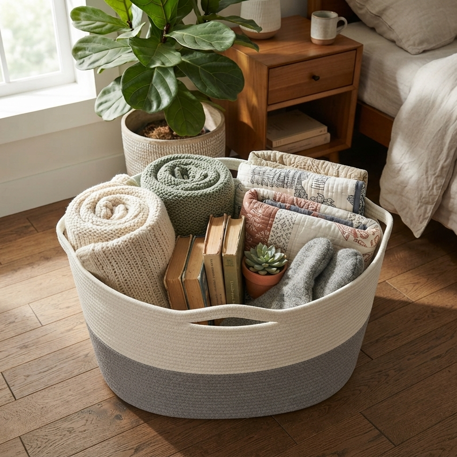 Handwoven - Jute Ivory & Grey Storage Basket Trendy Home