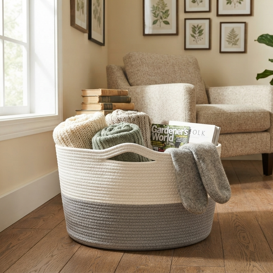 Handwoven - Jute Ivory & Grey Storage Basket Trendy Home