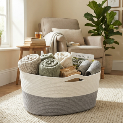 Handwoven - Jute Ivory & Grey Storage Basket Trendy Home