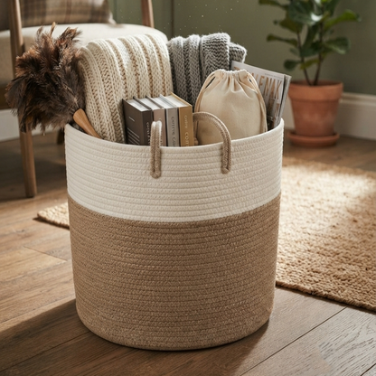 Handwoven - Jute White & Natural Laundry Basket Trendy Home