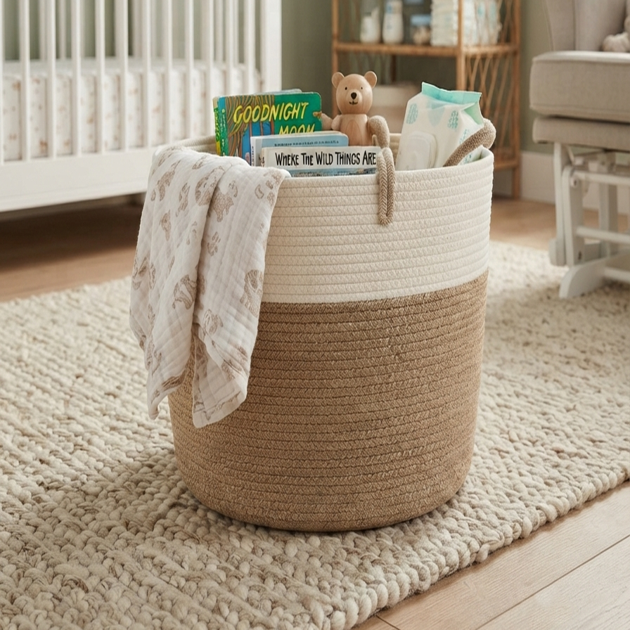 Handwoven - Jute White & Natural Laundry Basket Trendy Home