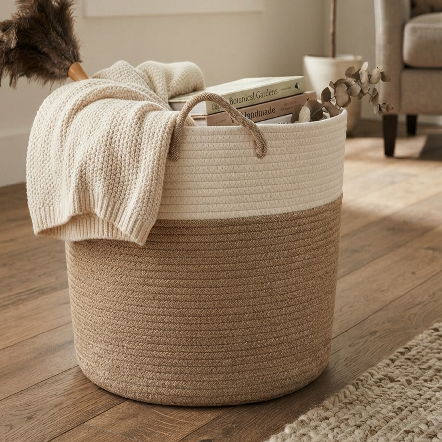 Handwoven - Jute White & Natural Laundry Basket Trendy Home