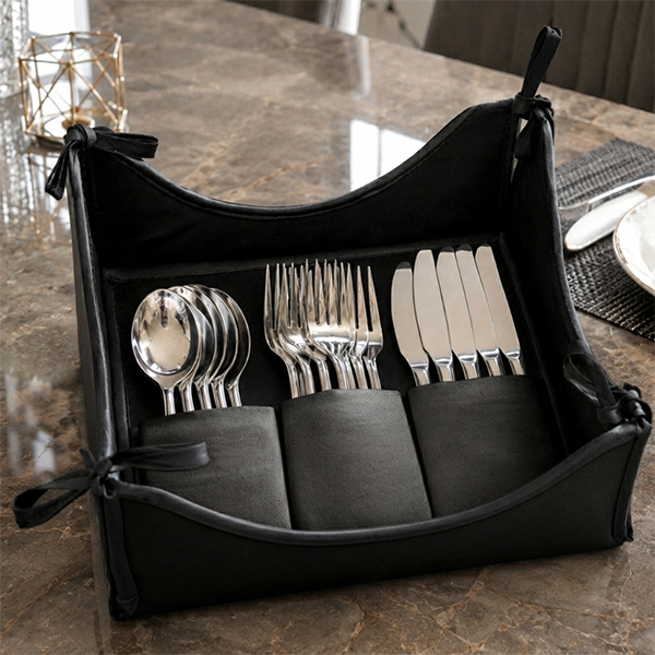 Leather - Black Cutlery Tray