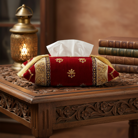 Hand Sequin - Red Ghazi Tissue Box Trendy Home
