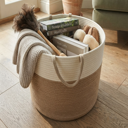 Handwoven - Jute White & Natural Laundry Basket Trendy Home