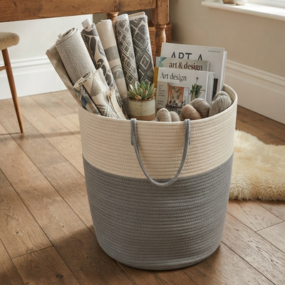 Handwoven - Jute Ivory & Grey Laundry Basket Trendy Home