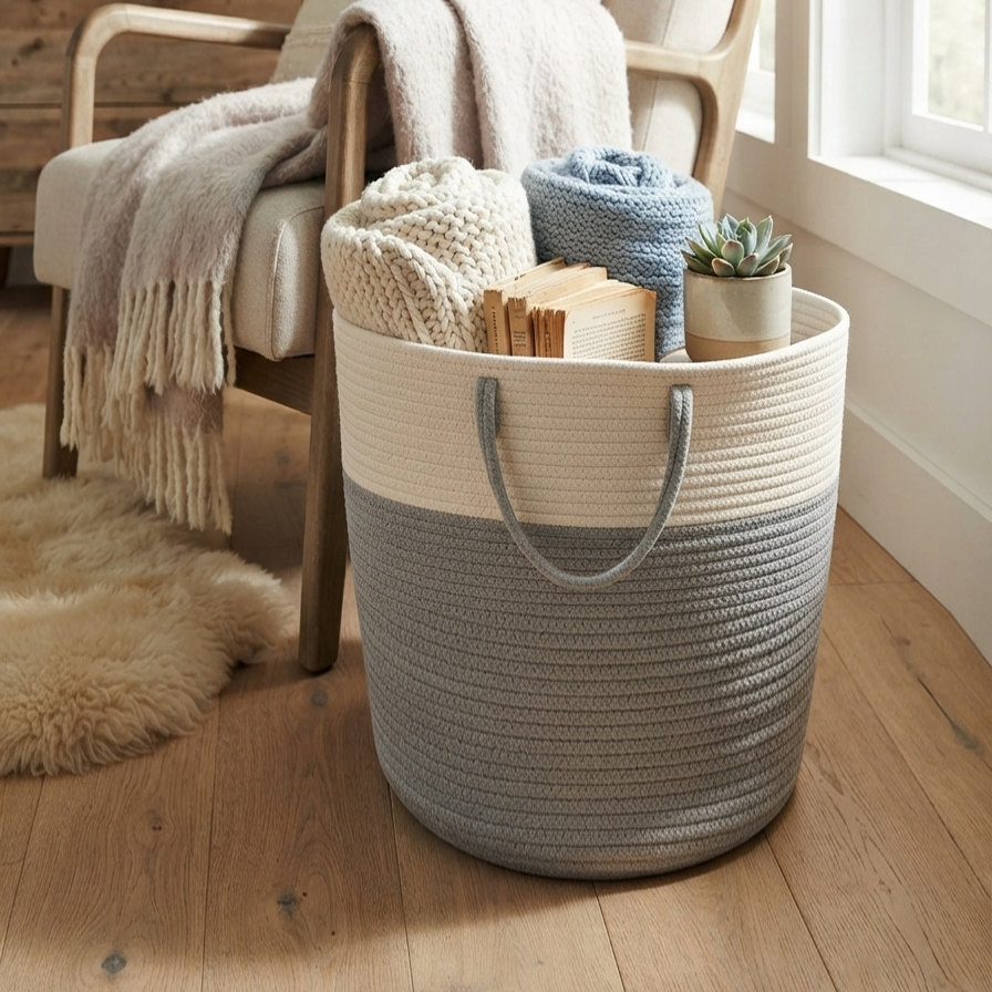 Handwoven - Jute Ivory & Grey Laundry Basket Trendy Home