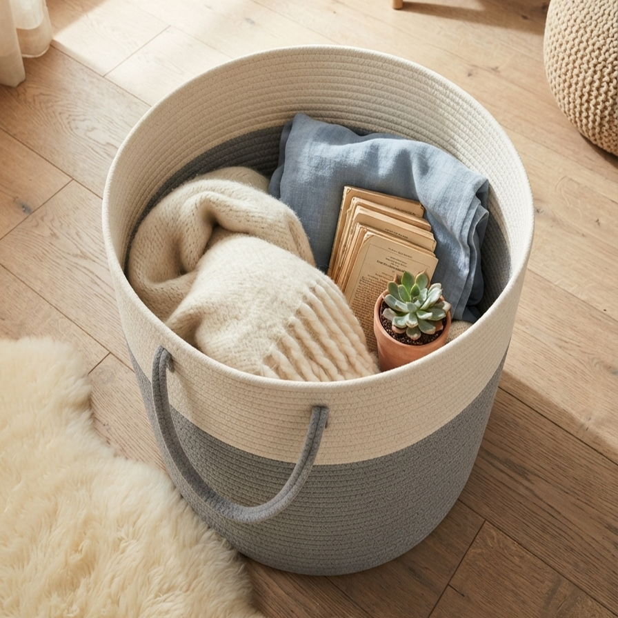 Handwoven - Jute Ivory & Grey Laundry Basket Trendy Home