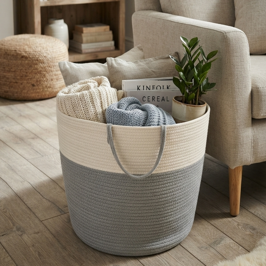 Handwoven - Jute Ivory & Grey Laundry Basket Trendy Home