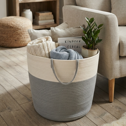 Handwoven - Jute Ivory & Grey Laundry Basket Trendy Home
