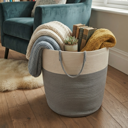 Handwoven - Jute Ivory & Grey Laundry Basket Trendy Home