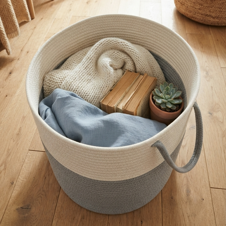 Handwoven - Jute Ivory & Grey Laundry Basket Trendy Home