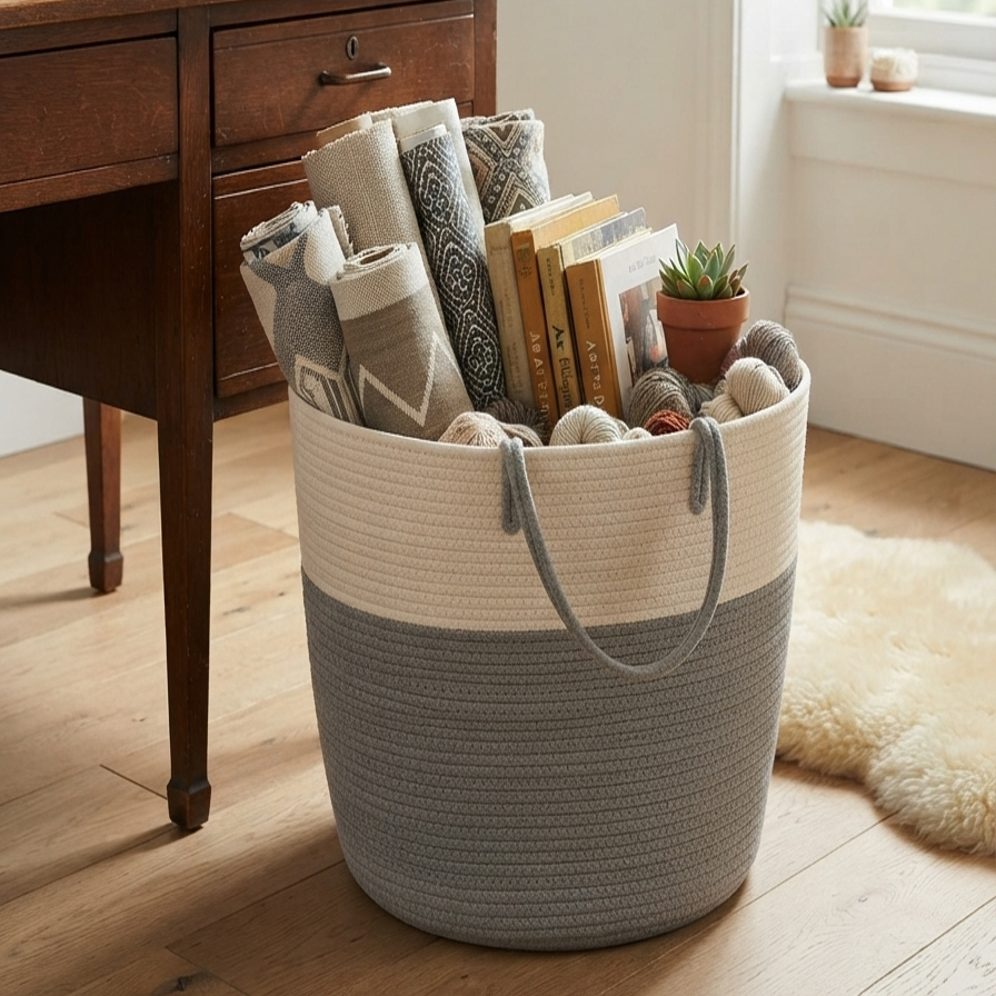 Handwoven - Jute Ivory & Grey Laundry Basket Trendy Home