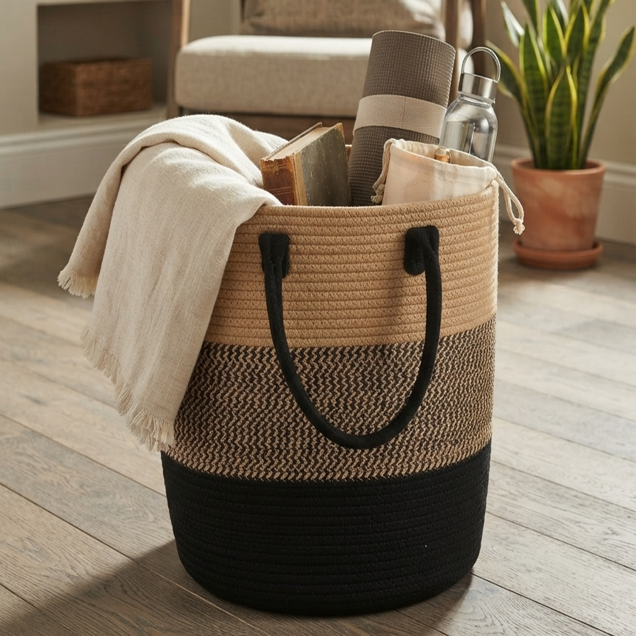 Handwoven - Jute Black & Natural Laundry Basket Trendy Home