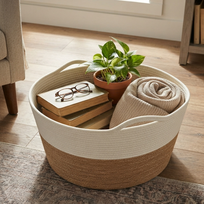 Handwoven - Jute White & Natural Storage Basket Trendy Home