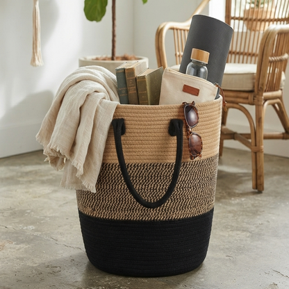Handwoven - Jute Black & Natural Laundry Basket Trendy Home
