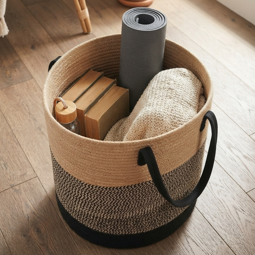 Handwoven - Jute Black & Natural Laundry Basket Trendy Home