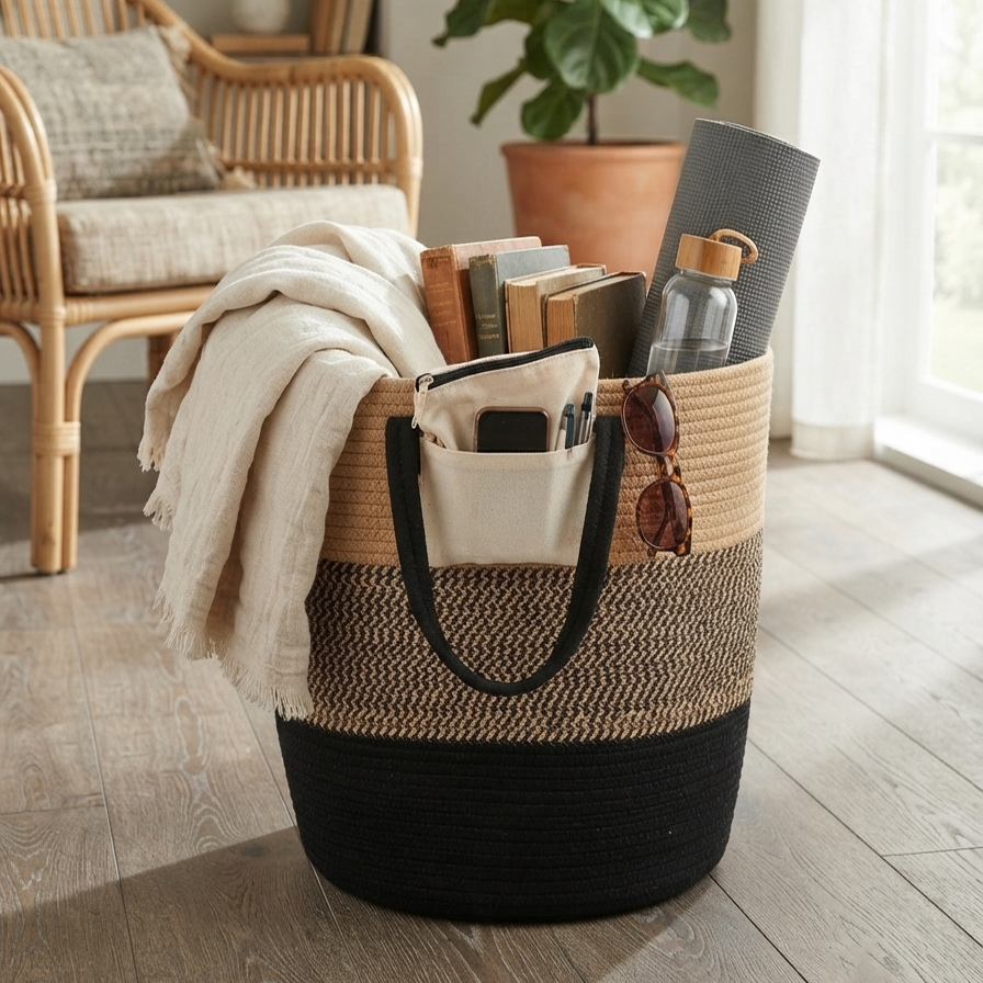 Handwoven - Jute Black & Natural Laundry Basket Trendy Home