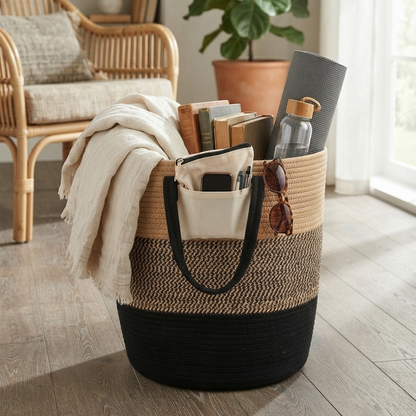 Handwoven - Jute Black & Natural Laundry Basket Trendy Home