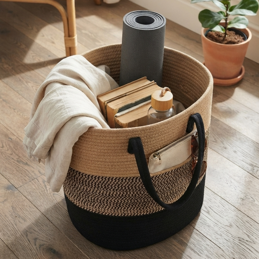 Handwoven - Jute Black & Natural Laundry Basket Trendy Home