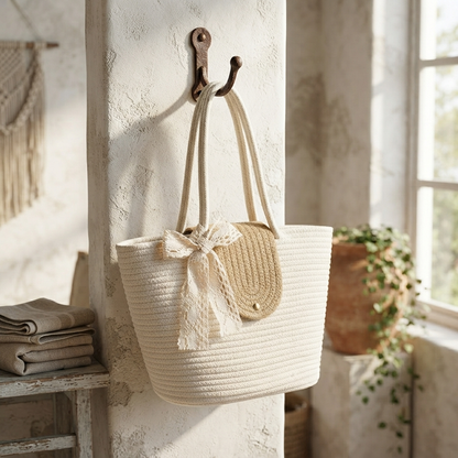 Handwoven - Ivory & Brown Beach Bag