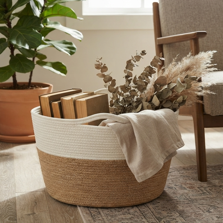 Handwoven - Jute White & Natural Storage Basket Trendy Home