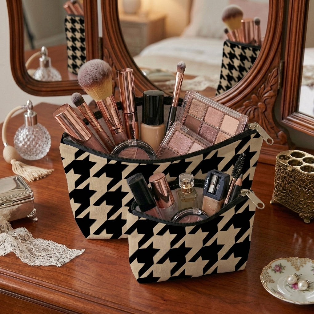 Printed - Beige Houndstooth Cosmetic Pouch