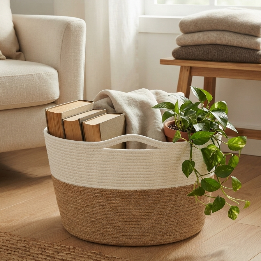 Handwoven - Jute White & Natural Storage Basket Trendy Home
