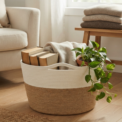 Handwoven - Jute White & Natural Storage Basket Trendy Home