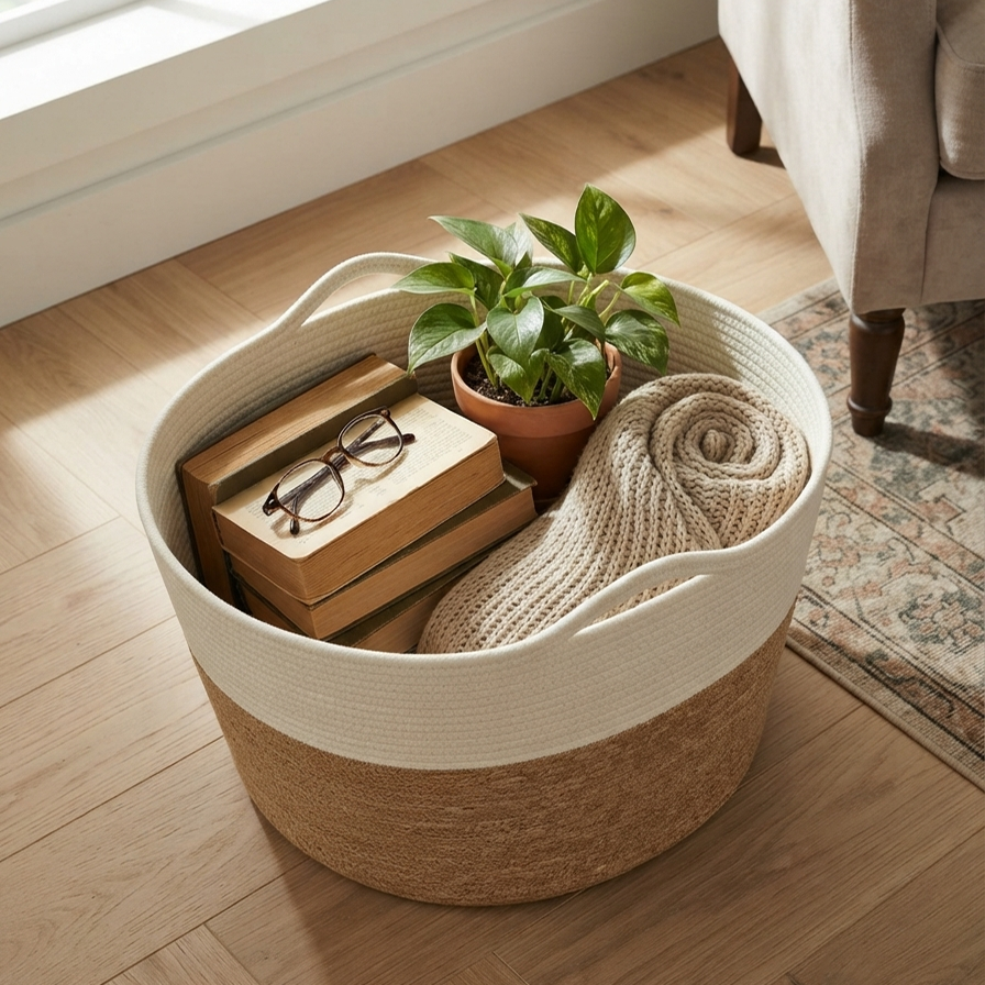 Handwoven - Jute White & Natural Storage Basket Trendy Home