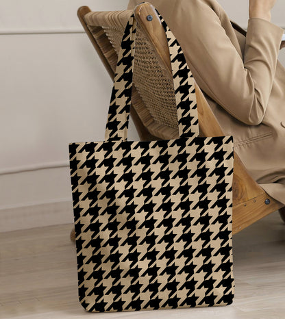 Printed - Beige Houndstooth Tote Bag Trendy Home