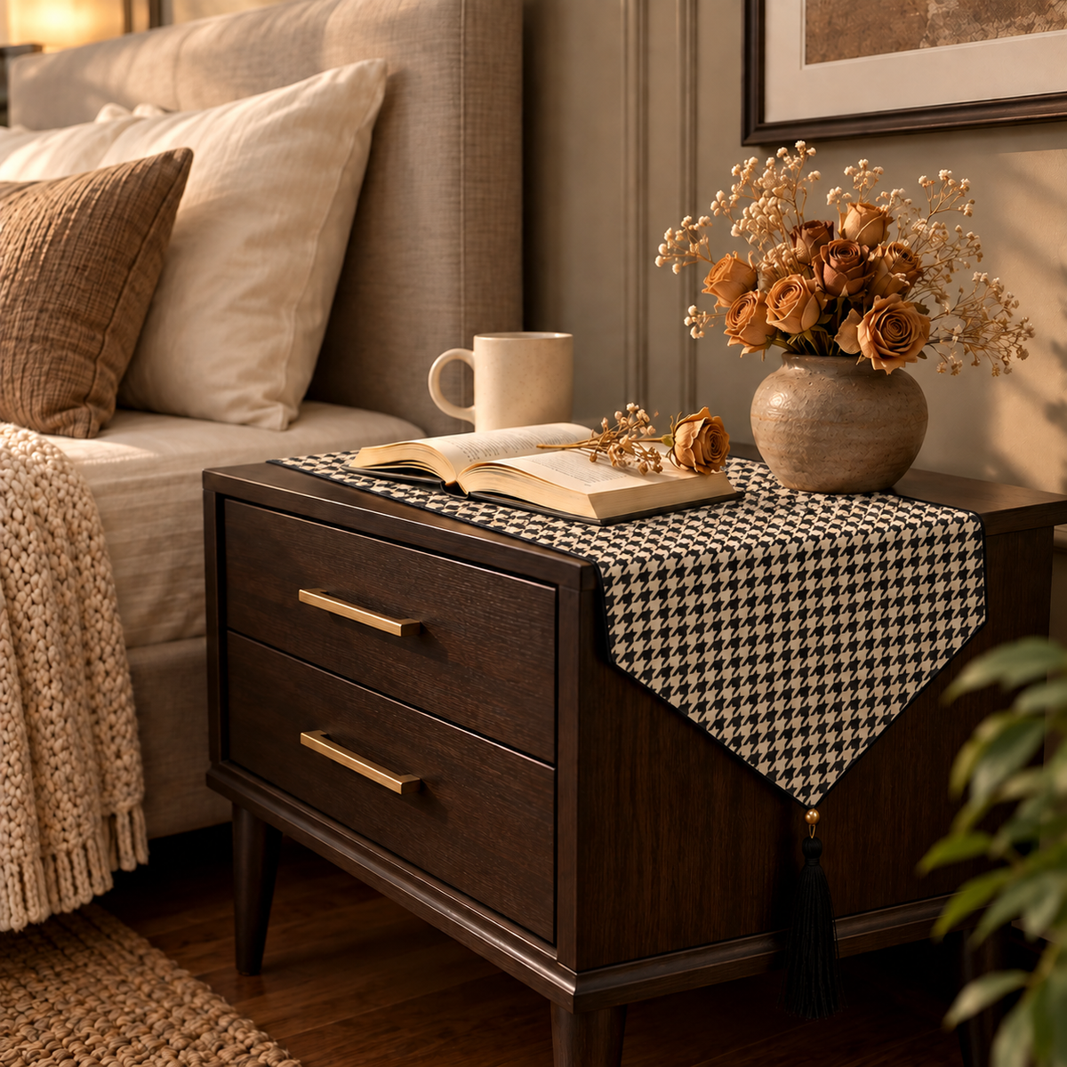 Printed - Beige Houndstooth Bed Side Table Accent Trendy Home