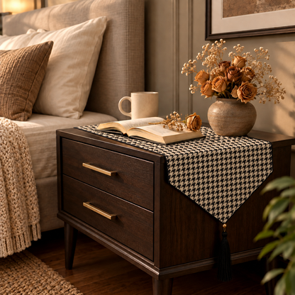 Printed - Beige Houndstooth Bed Side Table Accent Trendy Home