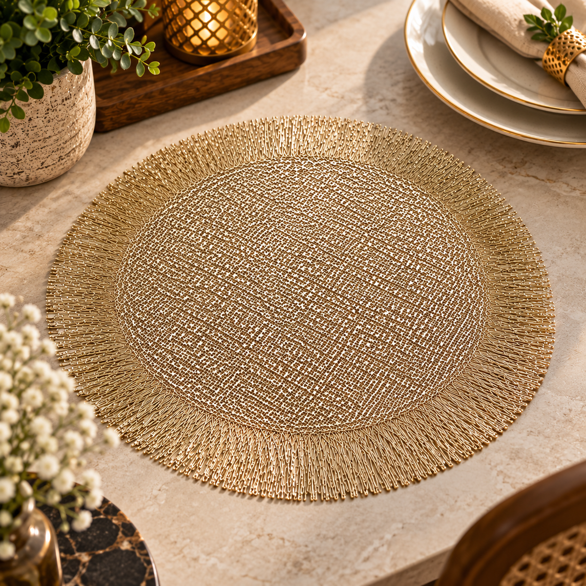 Pvc - Gold Fringe Charger Plate Trendy Home