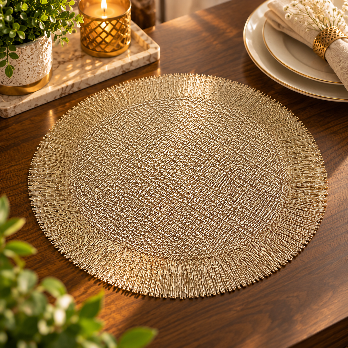 Pvc - Gold Fringe Charger Plate Trendy Home