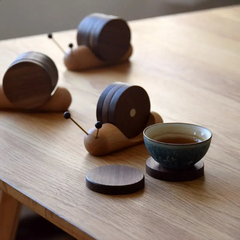 Wooden Snail Tea Coaster Set Trendy Home